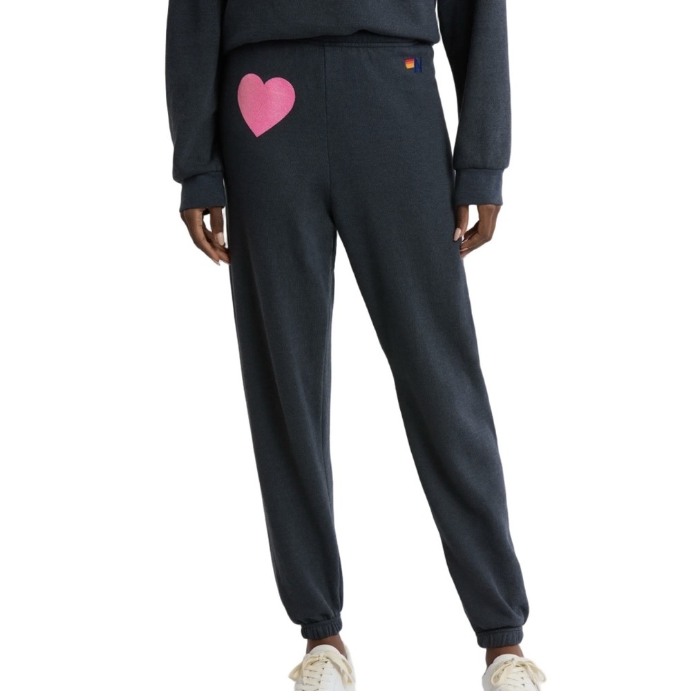 AVIATOR NATION Glitter Heart Sweatpants - Charcoal / Neon Pink  - Sz - Medium - Picture 8 of 9